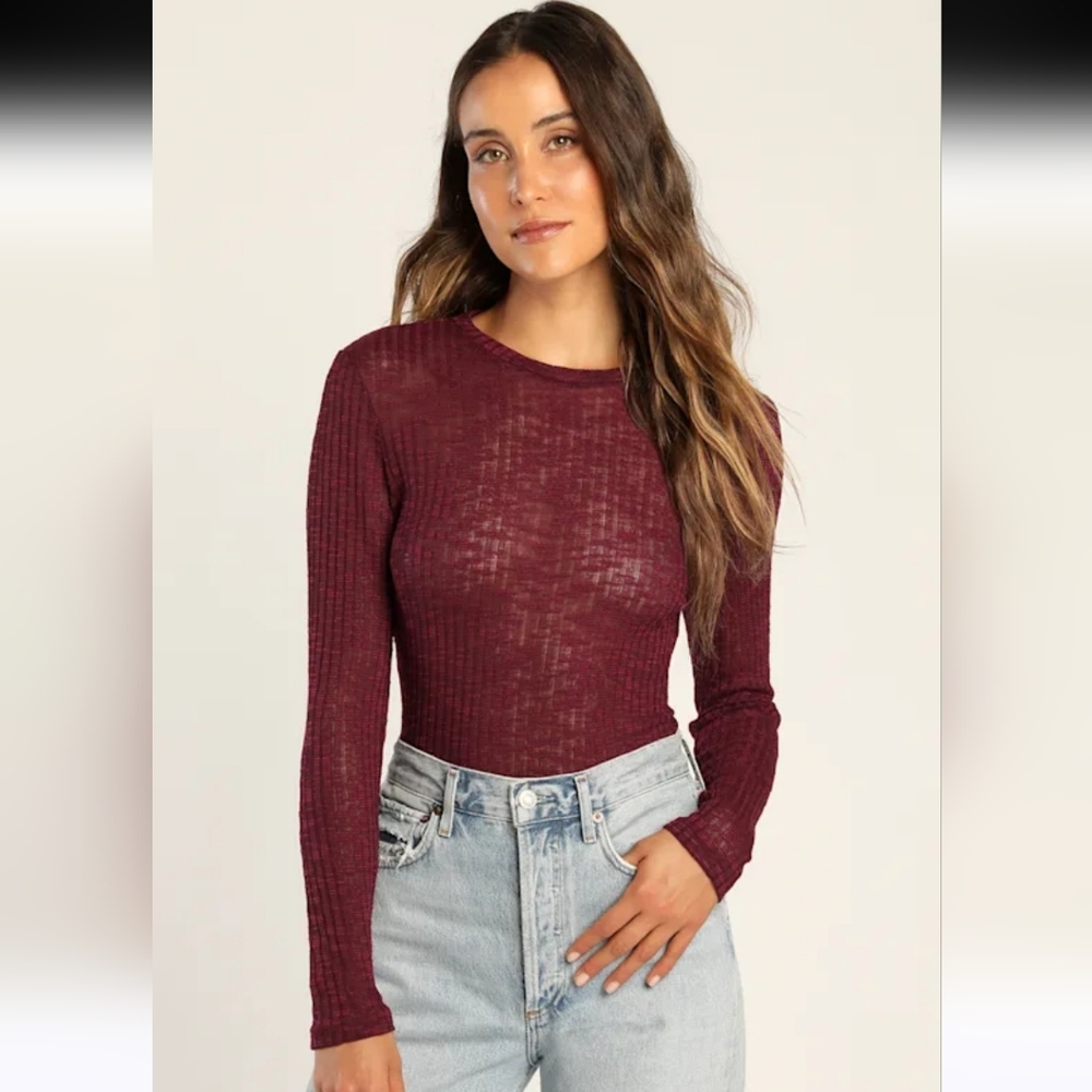 Free People Aura Burgundy Ribbed Knit Long Sleeve Layering Top